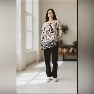 DJ & JuJu Cream and Black Sweater With Woman Shopping Print and rhinestones